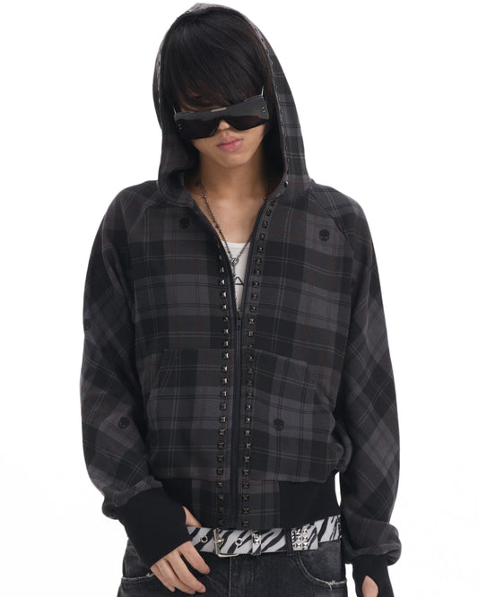 PLAID RIVET HOODED SWEATSHIRT