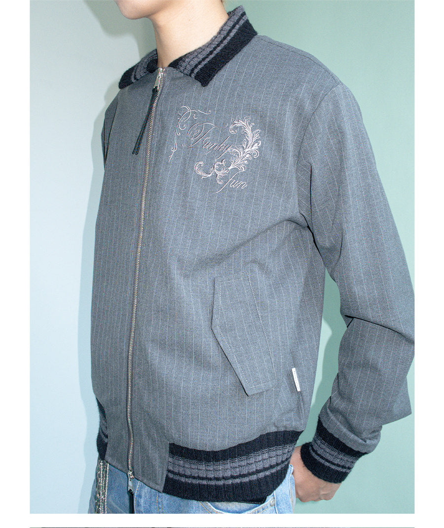 TEXTURED PINSTRIPE DOUBLE ZIP LAPEL CARDIGAN