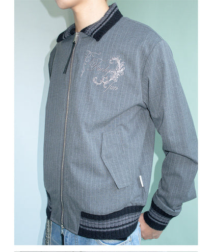 TEXTURED PINSTRIPE DOUBLE ZIP LAPEL CARDIGAN