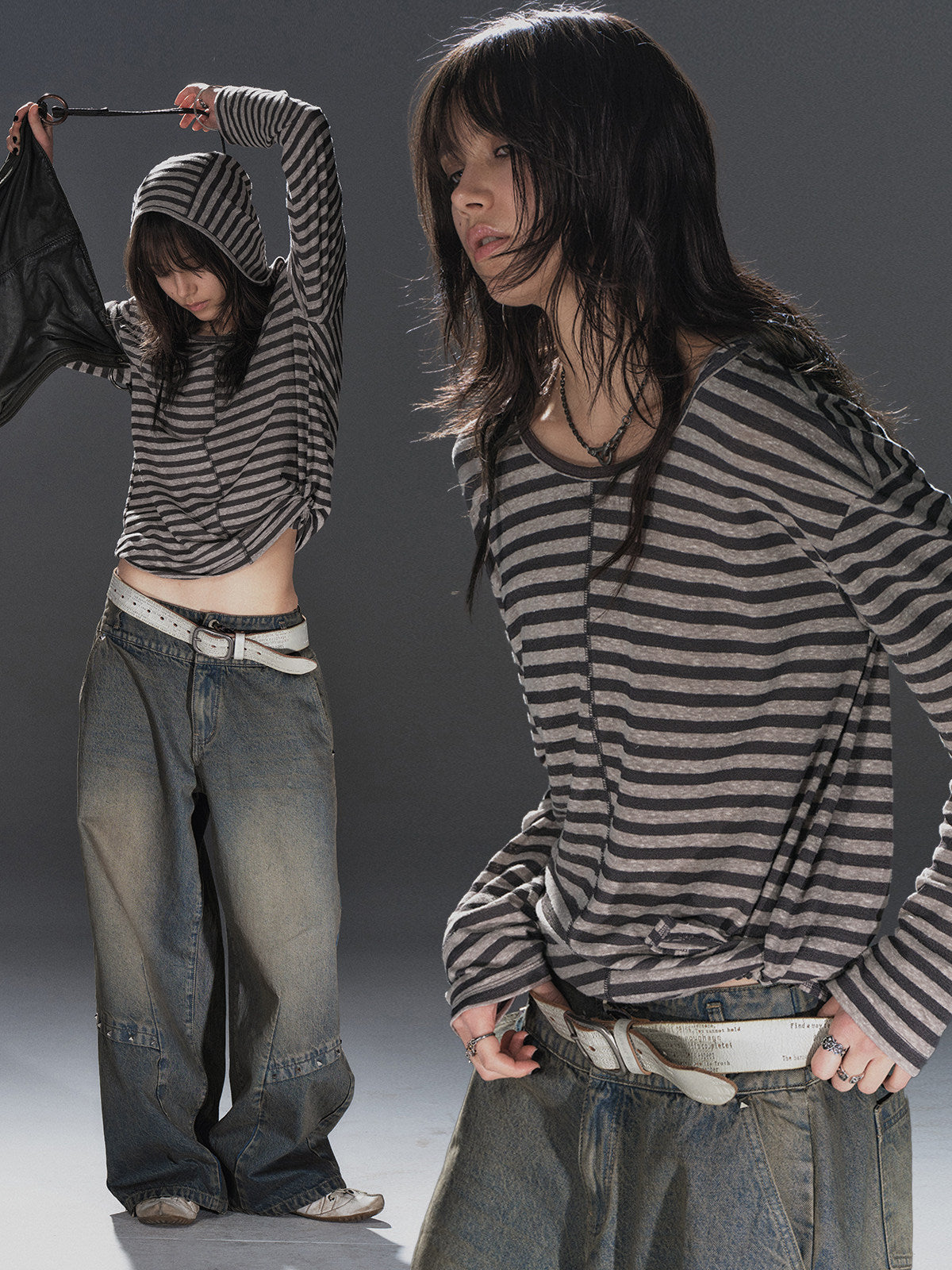 STRIPED HOODED TIE HEM TOP