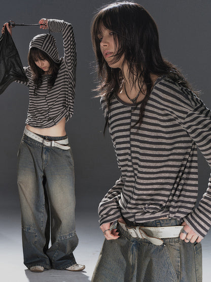 STRIPED HOODED TIE HEM TOP