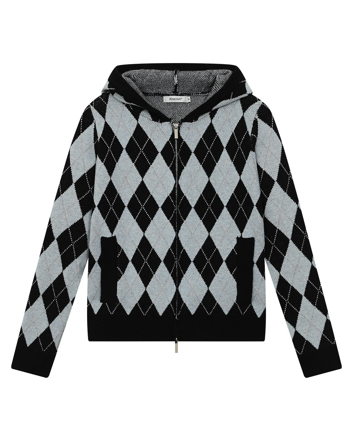 DIAMOND DOUBLE ZIP HOODED KNIT COAT