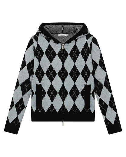 DIAMOND DOUBLE ZIP HOODED KNIT COAT