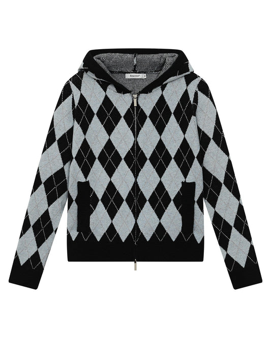 DIAMOND DOUBLE ZIP HOODED KNIT COAT