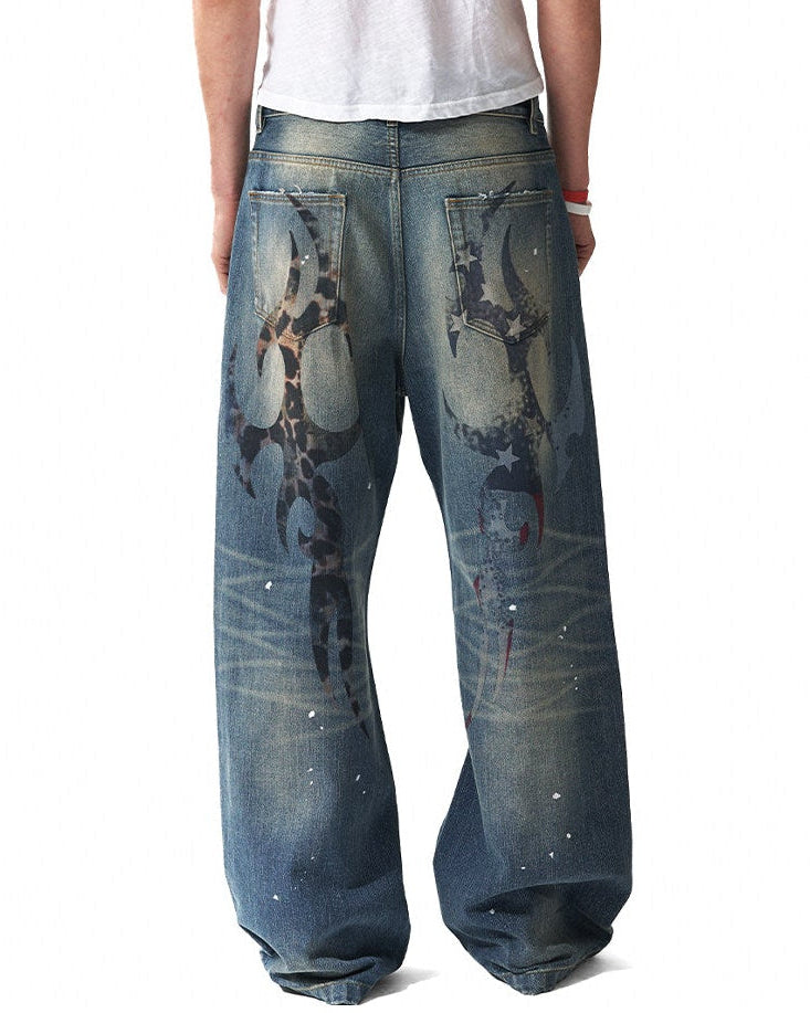 RIPPED LEOPARD WIDE JEANS