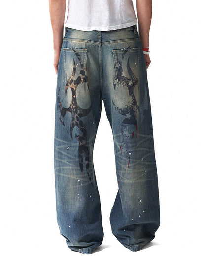 RIPPED LEOPARD WIDE JEANS