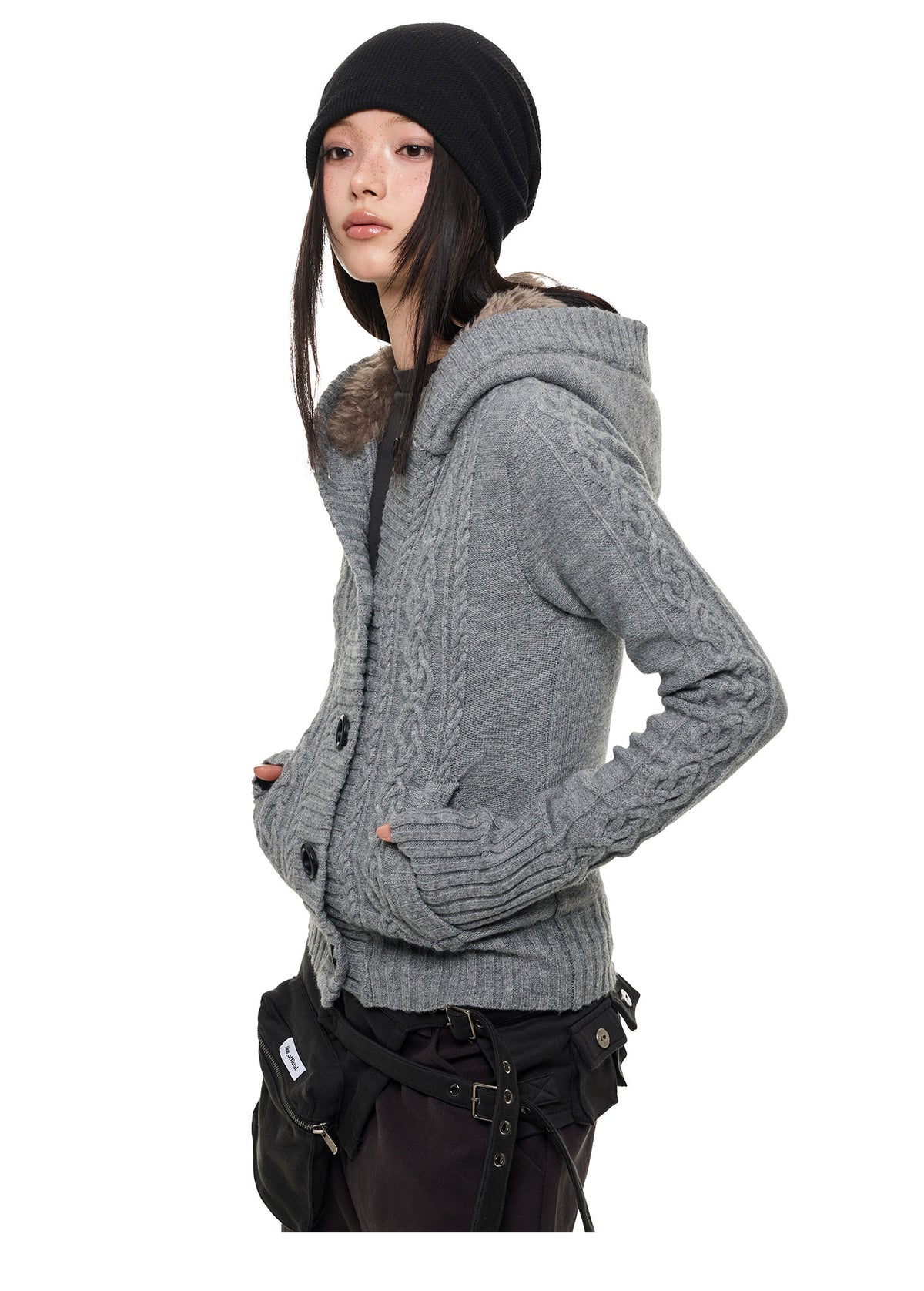 NOIR TWIST HOODED CABLE CARDIGAN