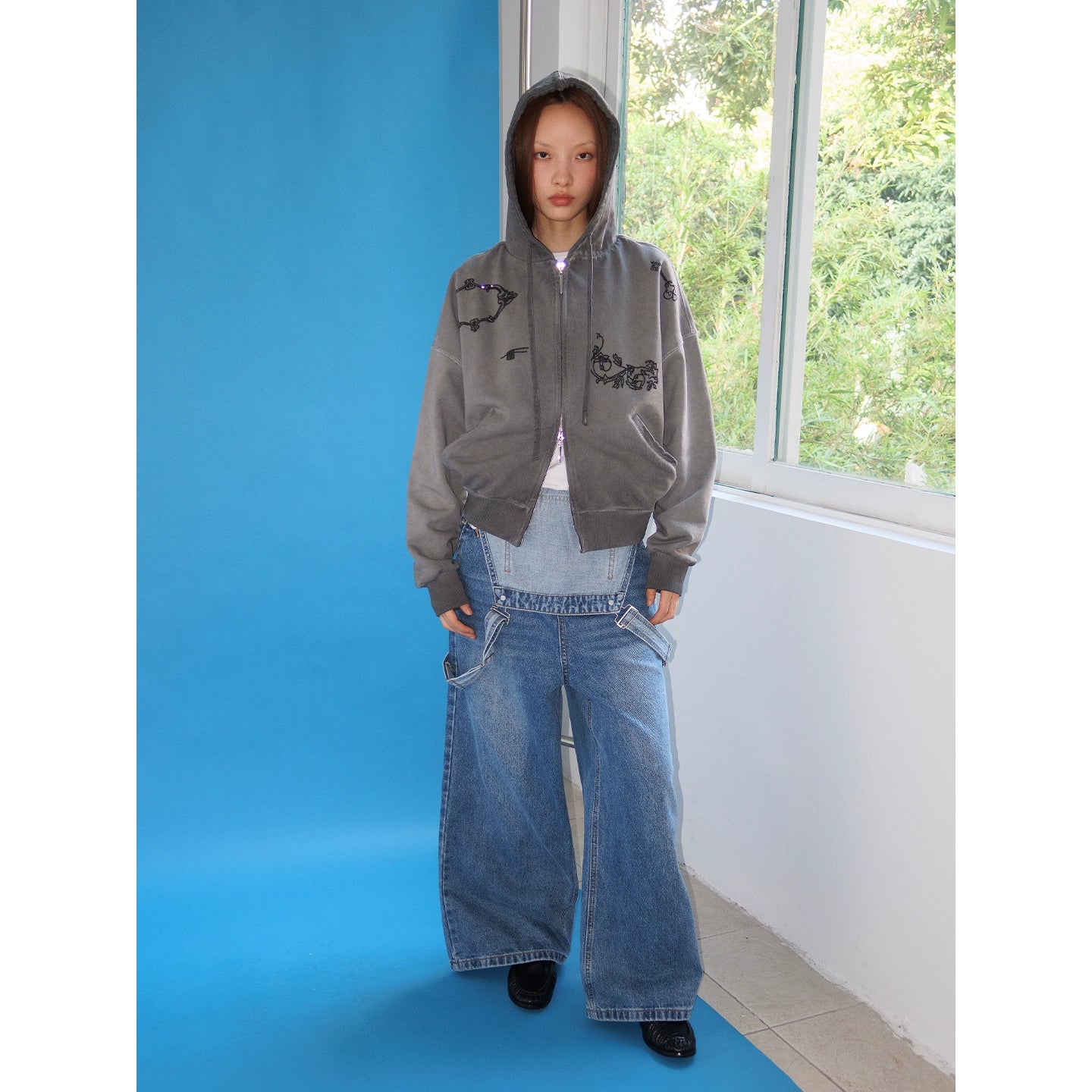 WASHED STUDDED DOUBLE ZIP HOODIE