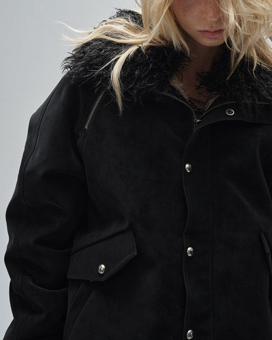 LAMB FUR WOOL-COLLAR PLUSH JACKET