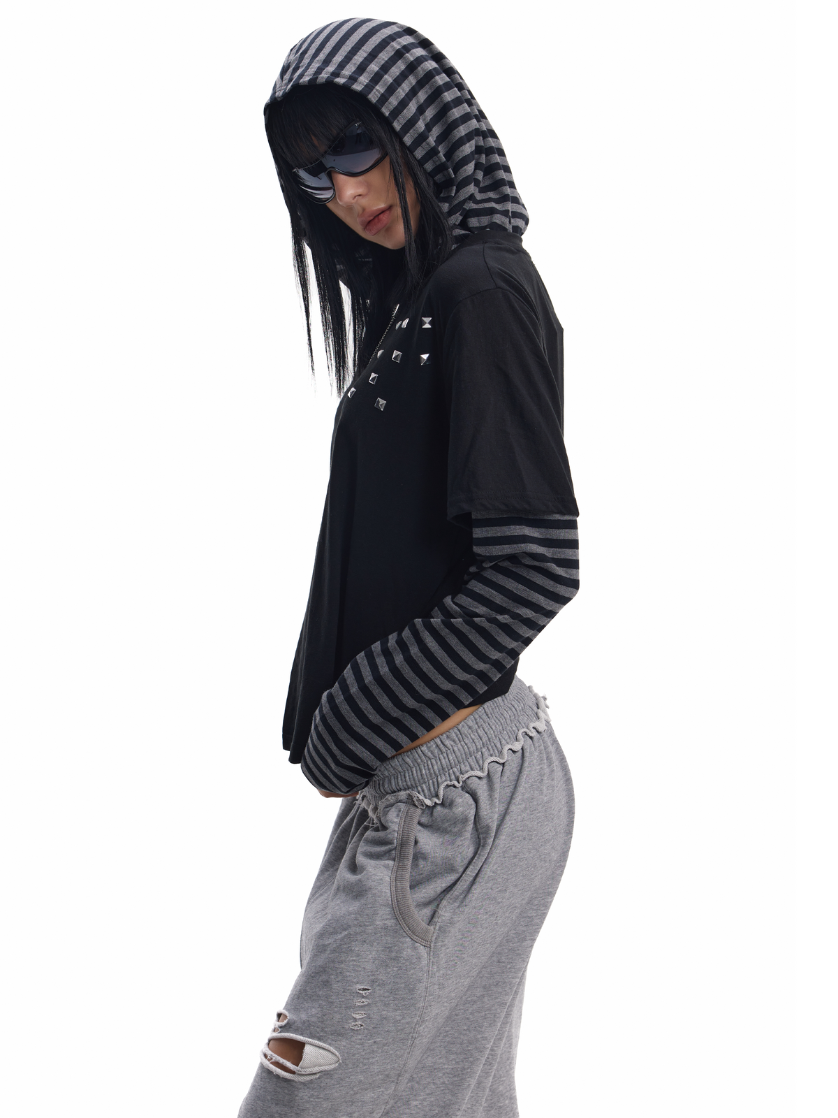 STUD STRIPED FAUX LAYER HOODIE