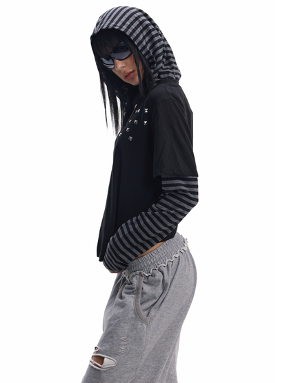 STUD STRIPED FAUX LAYER HOODIE
