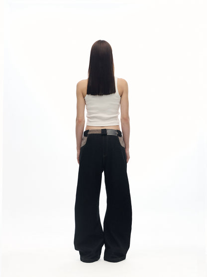 SCARF PATCHWORK CURVED COW DENIM JEANS