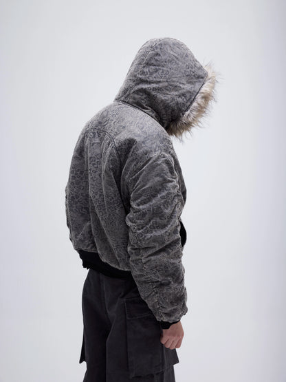 LEOPARD FUR COLLAR BOMBER JACKET