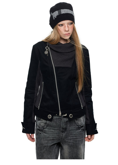 PATCHWORK PILE COLLAR CROPPED JACKET