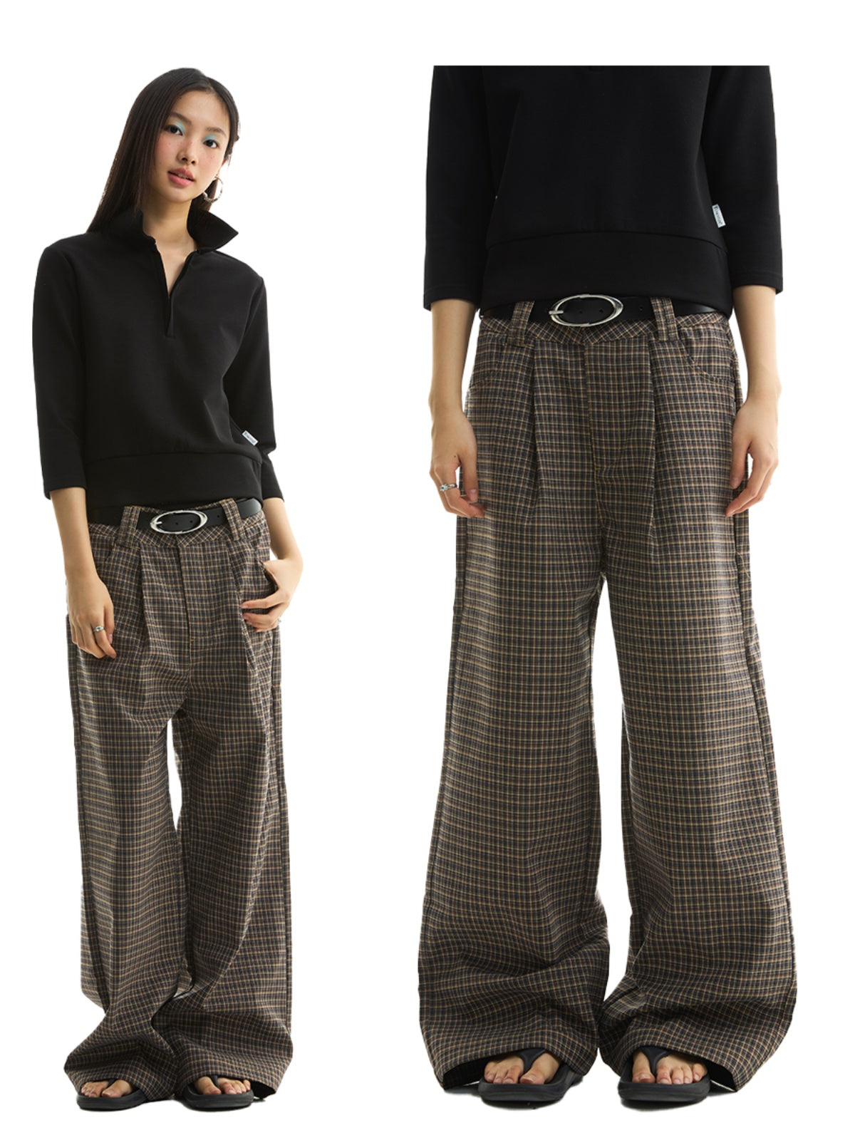 KHAKI PLAID STRAIGHT SUIT TROUSERS