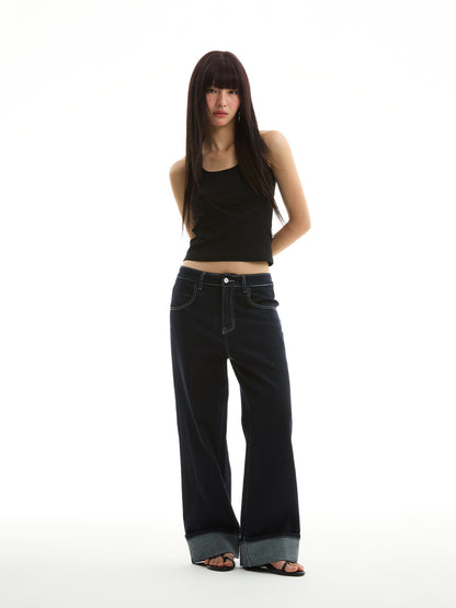 TOP FOLDED HEM STRAIGHT JEANS