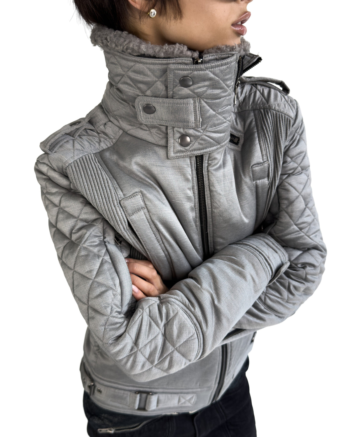 SILVER WOVEN COTTON MOTORCYCLE JACKET