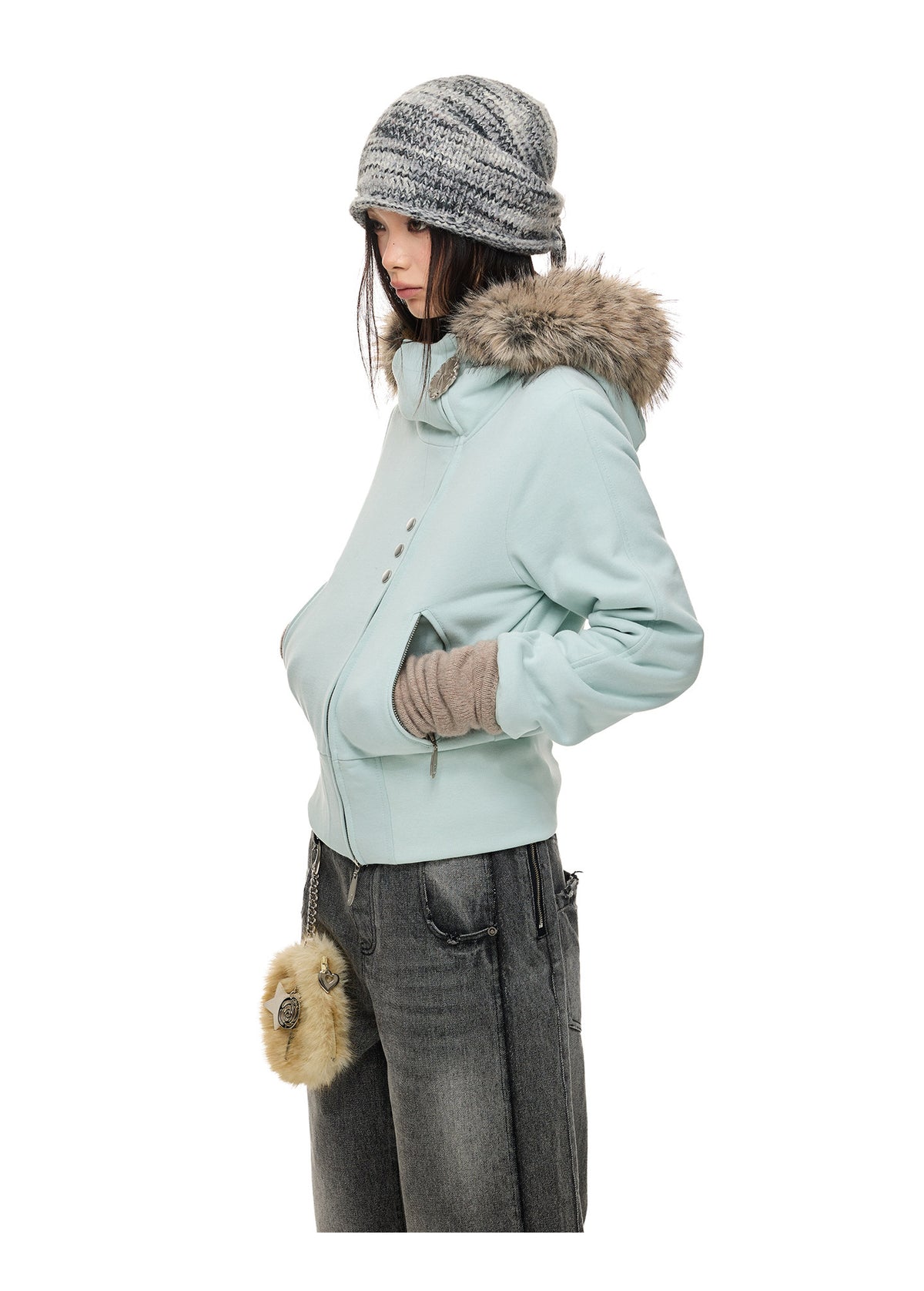 HEAVY FLEECE FUR COLLAR HOODIE