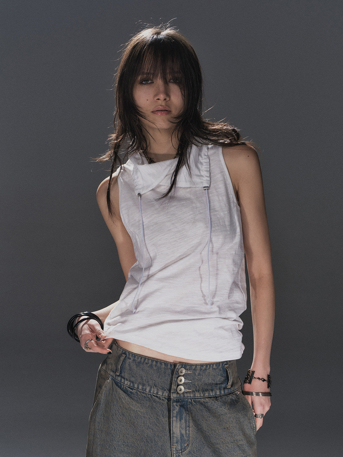 DRAWSTRING COLLAR SLEEVELESS TOP
