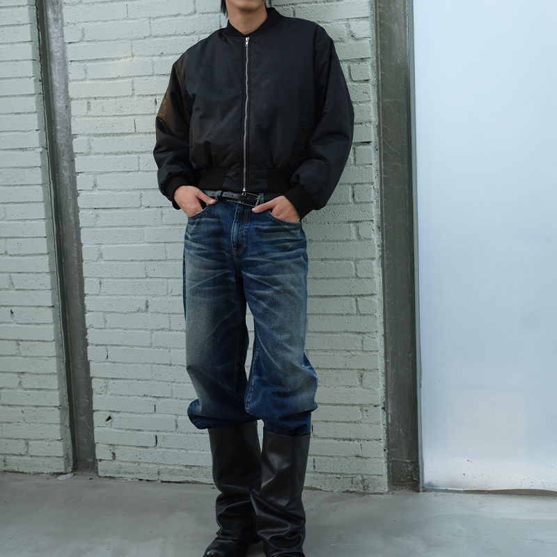 BACK PLEATED TWILL COTTON BOMBER