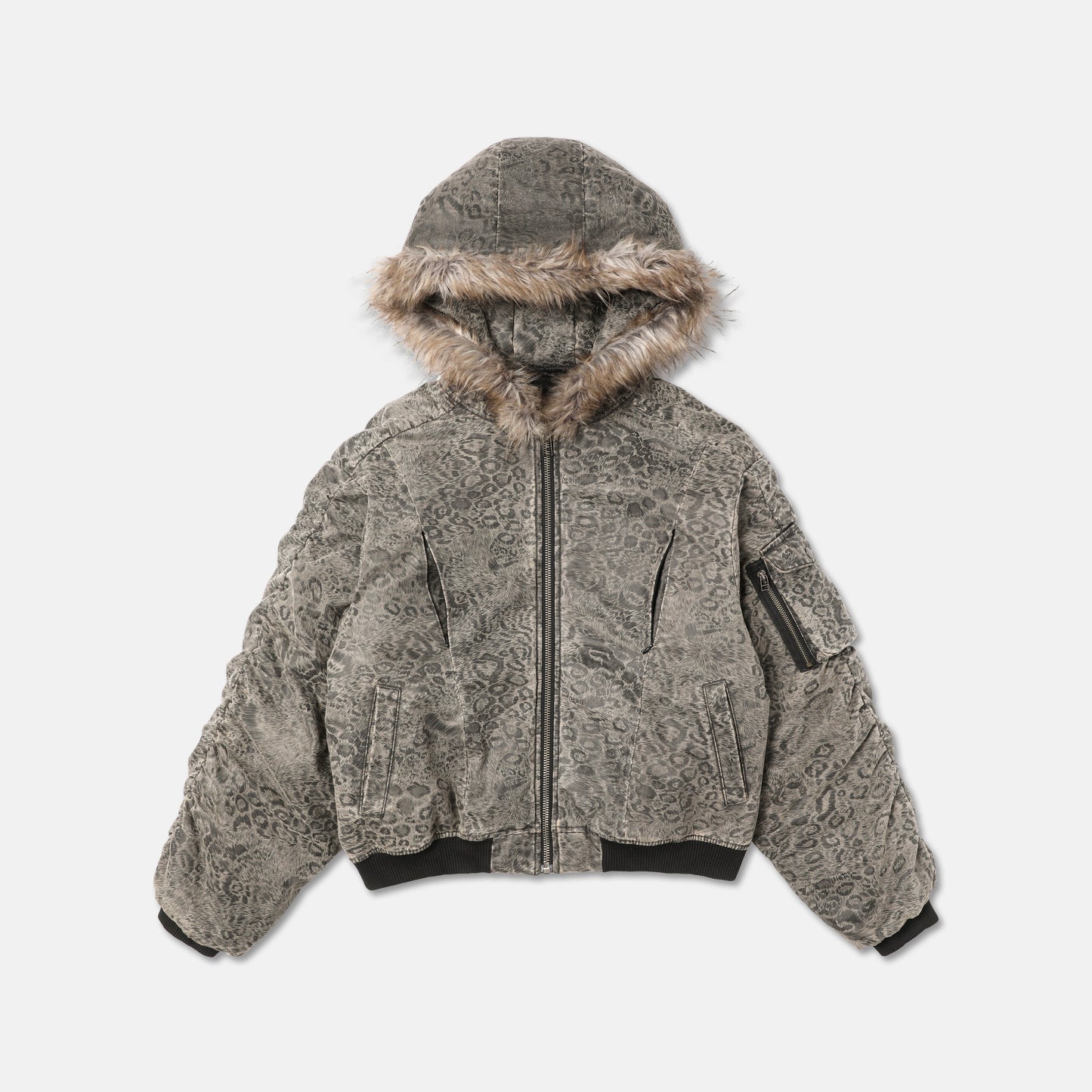 LEOPARD FUR COLLAR BOMBER JACKET
