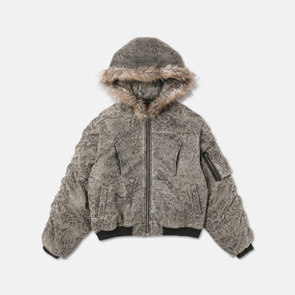 LEOPARD FUR COLLAR BOMBER JACKET