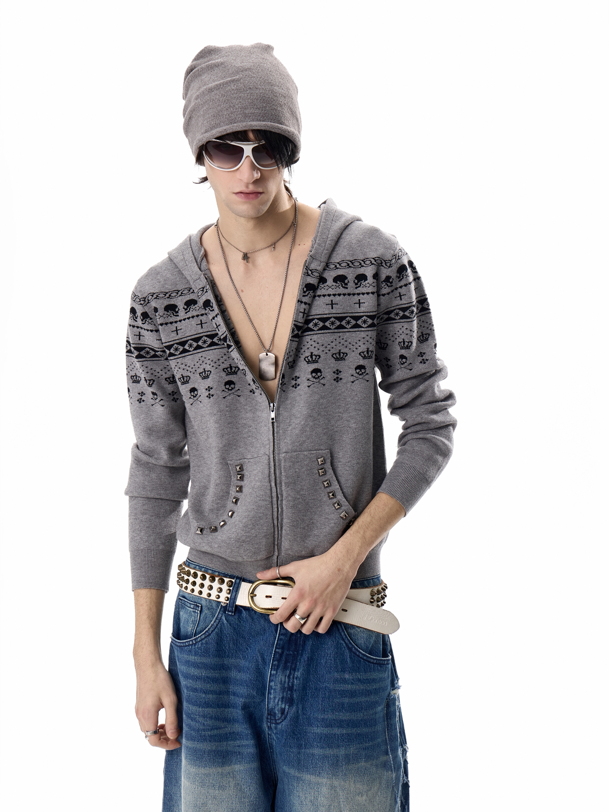 SKULL FAIR ISLE STUDDED KNIT JACKET