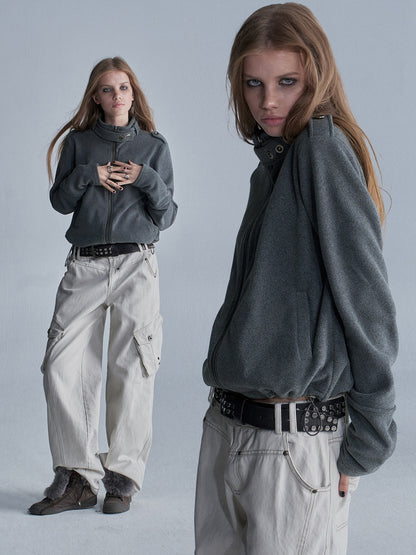 FLEECE DRAWSTRING HEM ZIP JACKET
