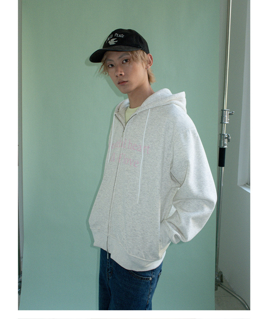 DOUBLE ZIP LOVE SLOGAN HOODED FLEECE JACKET