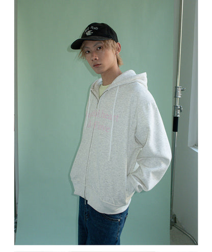 DOUBLE ZIP LOVE SLOGAN HOODED FLEECE JACKET