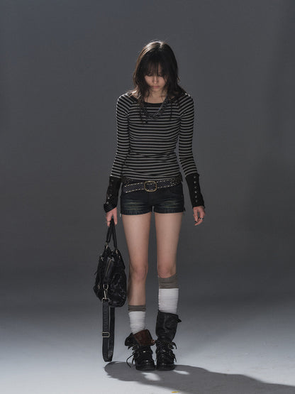 BUTTON CUFF STRIPED RAGLAN TOP