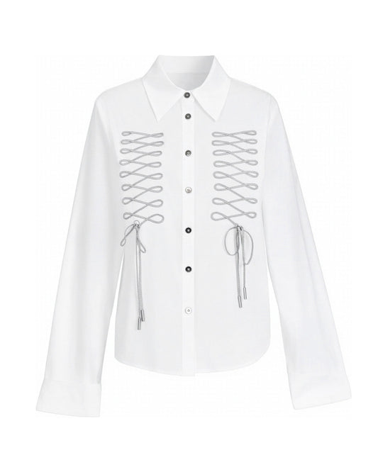 DRAWSTRING CINCHED BOW COLLAR SHIRT