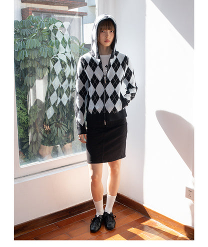 DIAMOND DOUBLE ZIP HOODED KNIT COAT