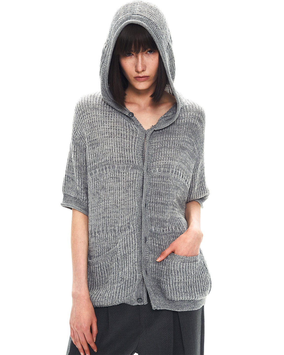 ASH GREY JACQUARD HOODED CARDIGAN