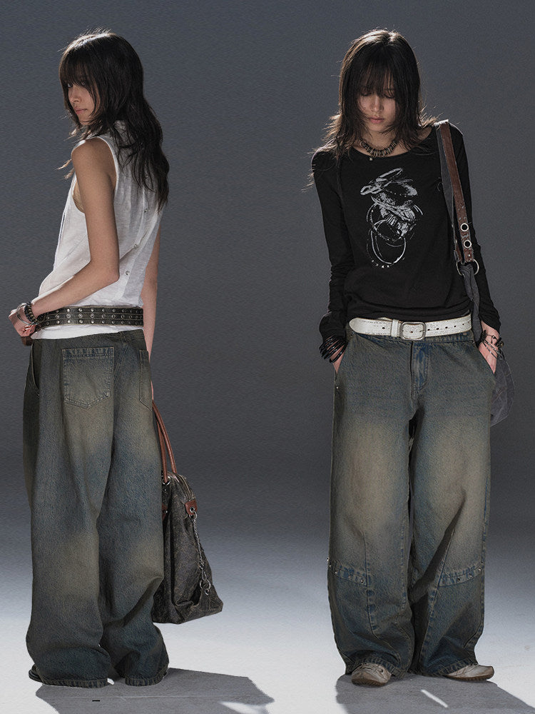 DIRTY WASH RIVET WIDE LEG DENIM