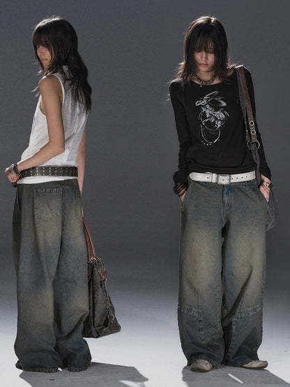 DIRTY WASH RIVET WIDE LEG DENIM
