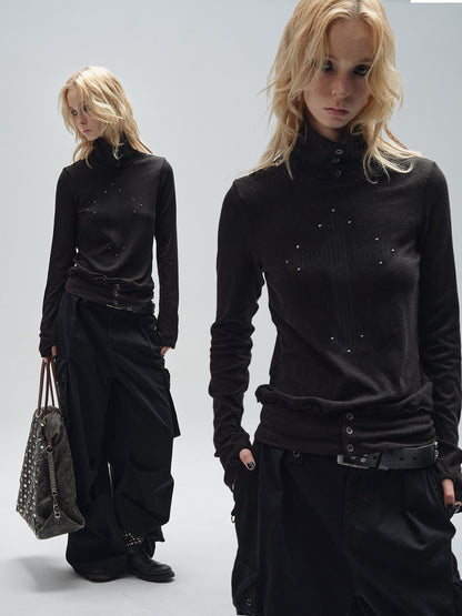DARK PRINT RHINESTONE RAW-EDGE TOP