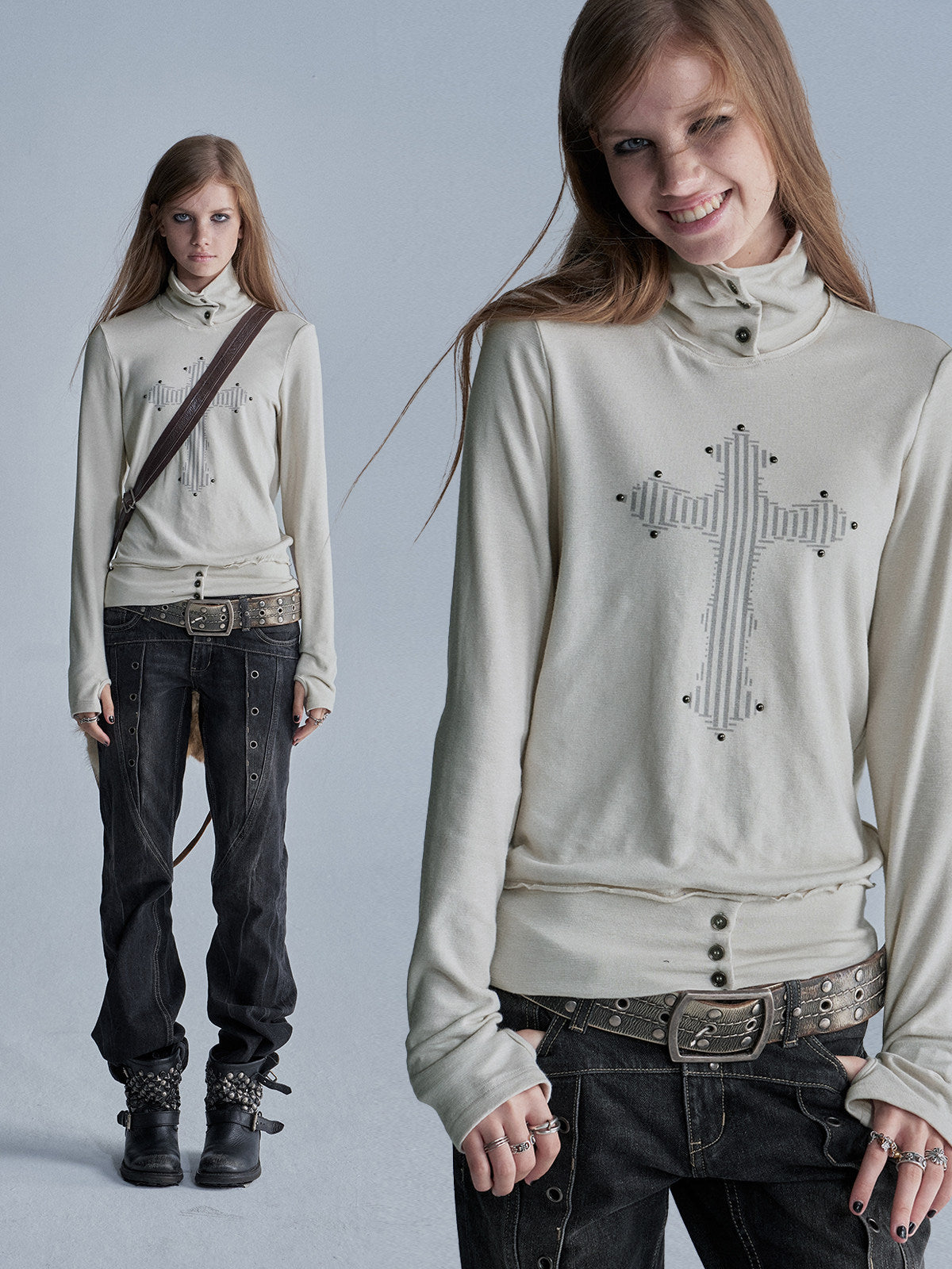 DARK PRINT RHINESTONE RAW-EDGE TOP