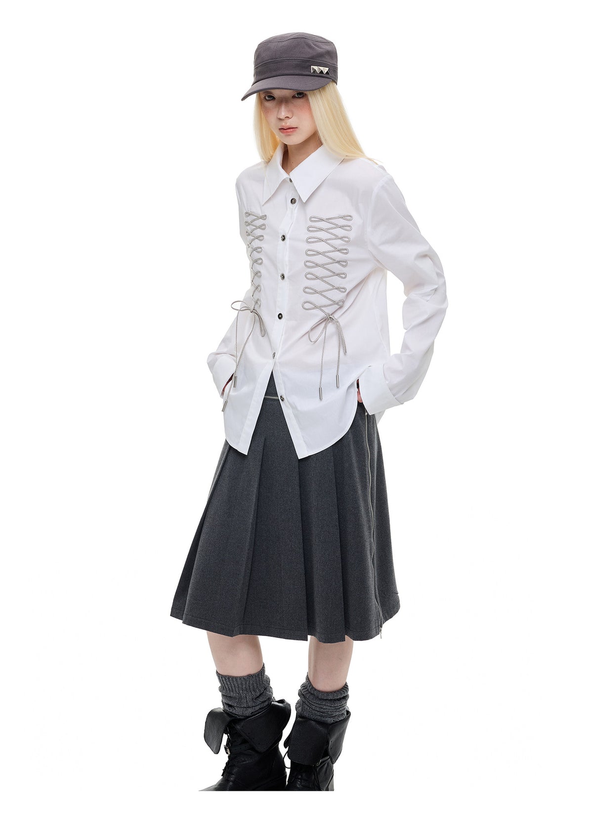 DRAWSTRING CINCHED BOW COLLAR SHIRT