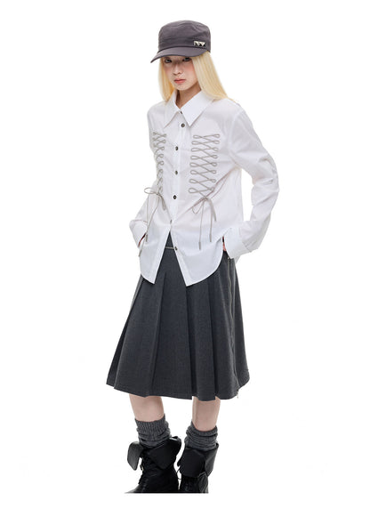 DRAWSTRING CINCHED BOW COLLAR SHIRT