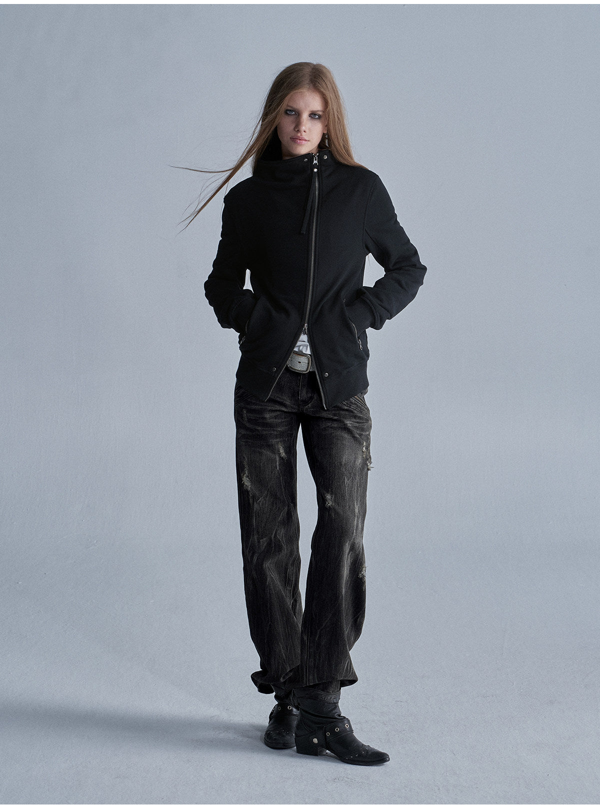 ASYMMETRIC ZIP STAND COLLAR JACKET