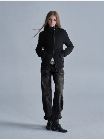 ASYMMETRIC ZIP STAND COLLAR JACKET