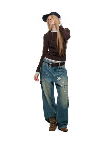 AGED RIVET STRAIGHT LEG JEANS