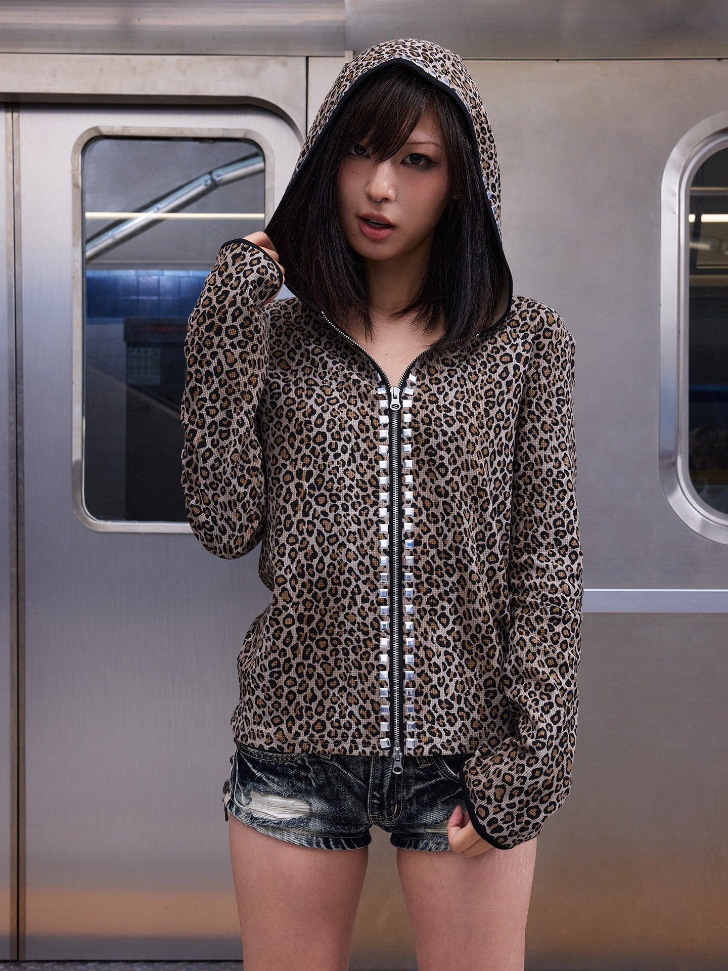 HOODED LEOPARD KNIT CARDIGAN