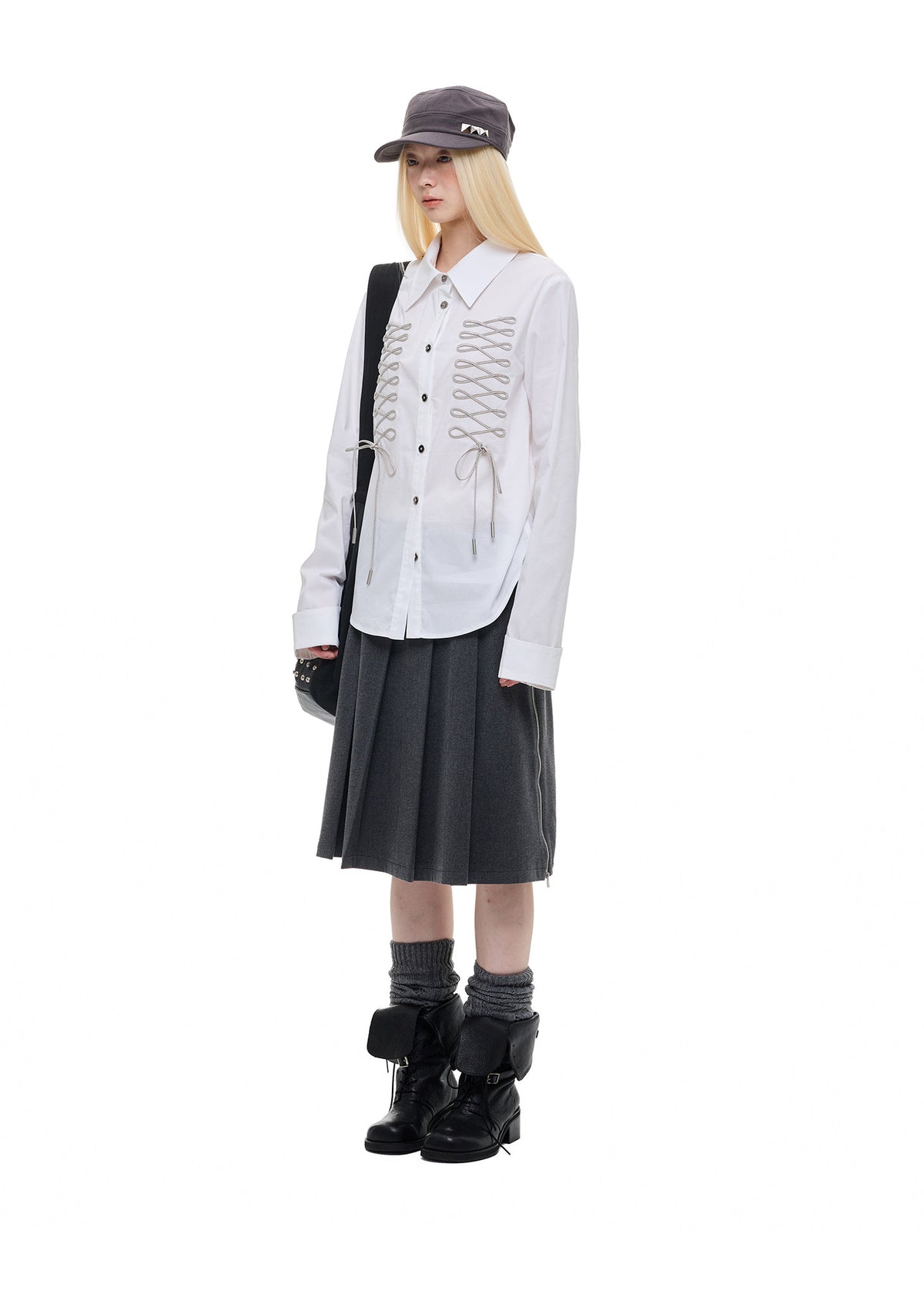 DRAWSTRING CINCHED BOW COLLAR SHIRT