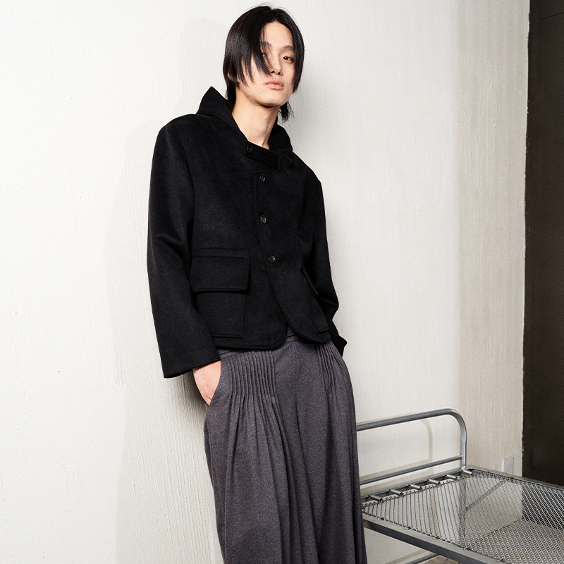 DOUBLE BELT WOOL TOOTHPICK TROUSERS