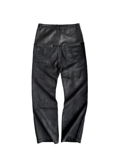 DOUBLE WAIST PU PATCHWORK JEANS