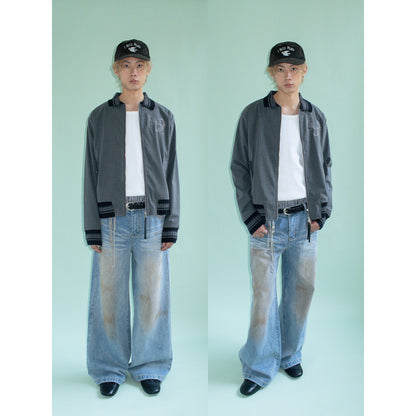 TEXTURED PINSTRIPE DOUBLE ZIP LAPEL CARDIGAN