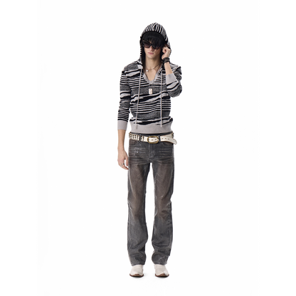 ZEBRA STRIPED V NECK KNIT HOODIE