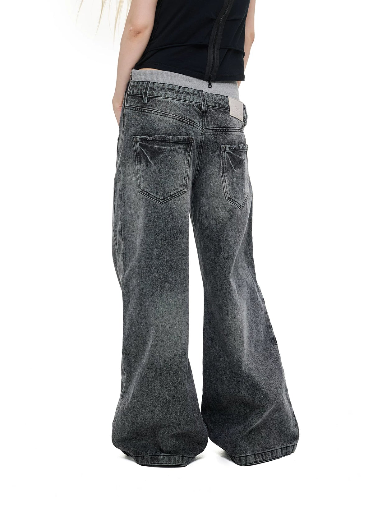 DECONSTRUCTED DOUBLE WAIST WIDE LEG JEANS
